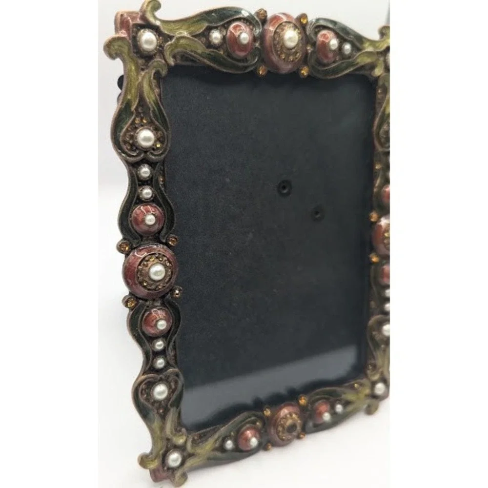 Vintage Ornate Jeweled Picture Frame Baroque Enamel Faux Pearl Crystal 4.5